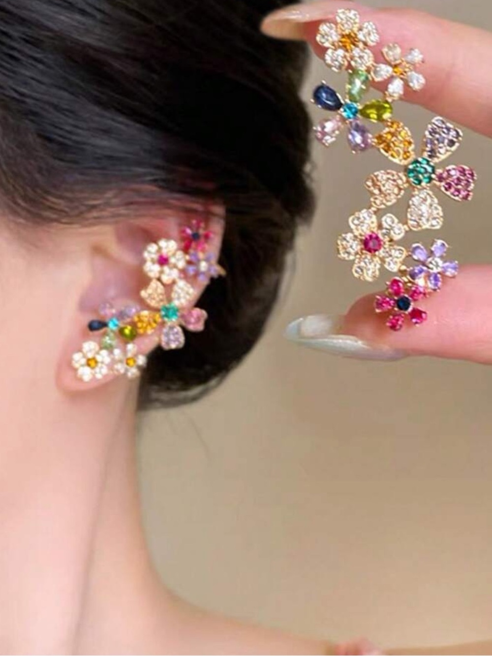 1 Pair Fashion Colorful Glass Flower Ear Cuff Earrings Suitable For Women Party